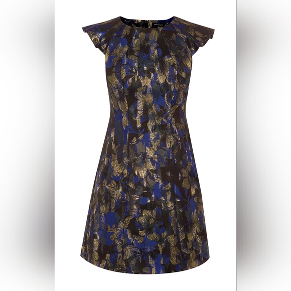 Karen Millen Blue Gold Floral Jacquard Cocktail Dress Size 10 Party Dress - Picture 3 of 8
